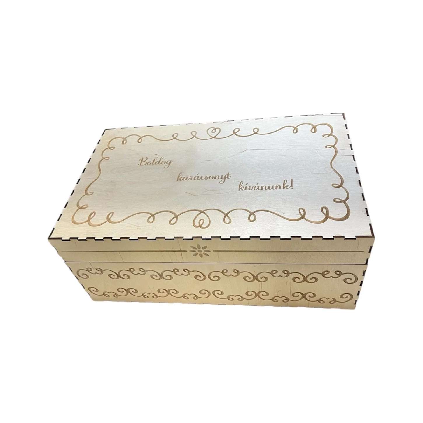Személyre szabható karácsonyi ajándékátadó doboz – gravírozott fa díszdoboz