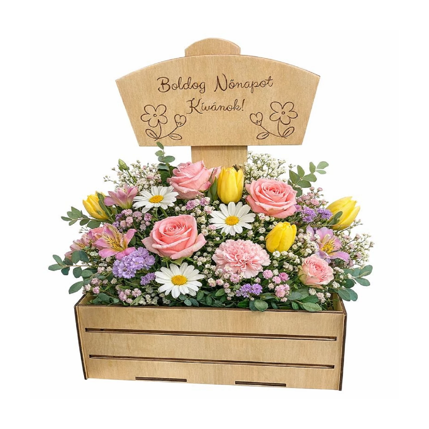 Személyre szabható fa virágláda gravírozott táblával – Anyák napjára, Nőnapra, Valentin napra