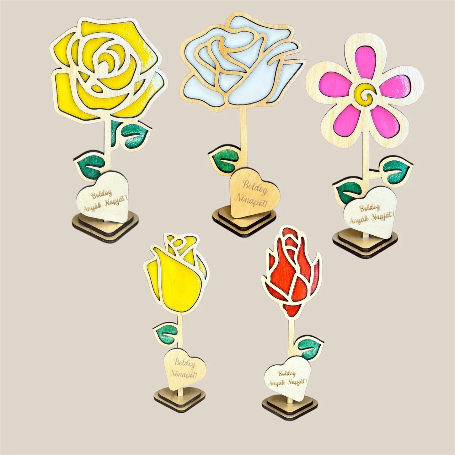 Személyre szabható fa virág dekoráció – Anyák napjára, Nőnapra és különleges alkalmakra