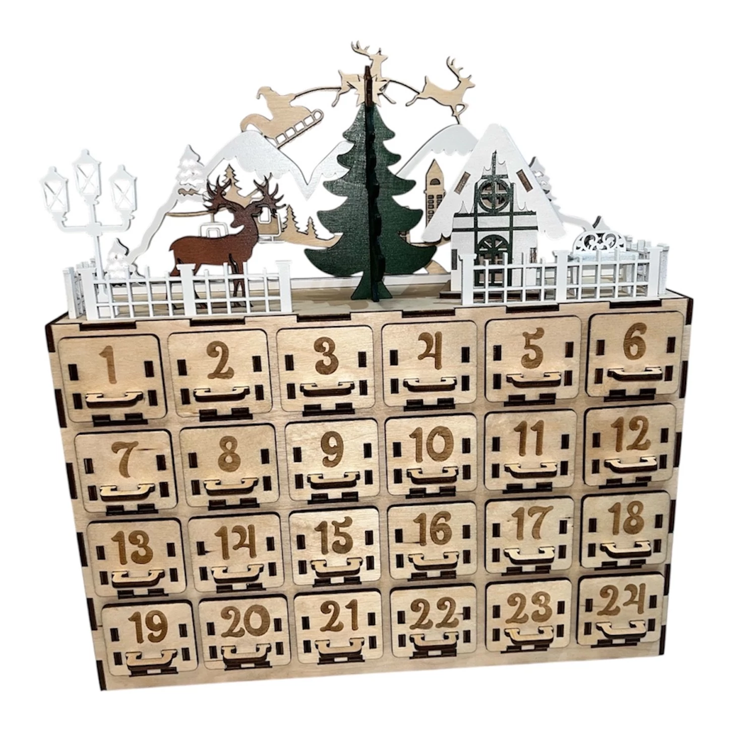 Mikulásos Fa Adventi Kalendárium Rénszarvasokkal – 24 Fiókos Karácsonyi Dekor