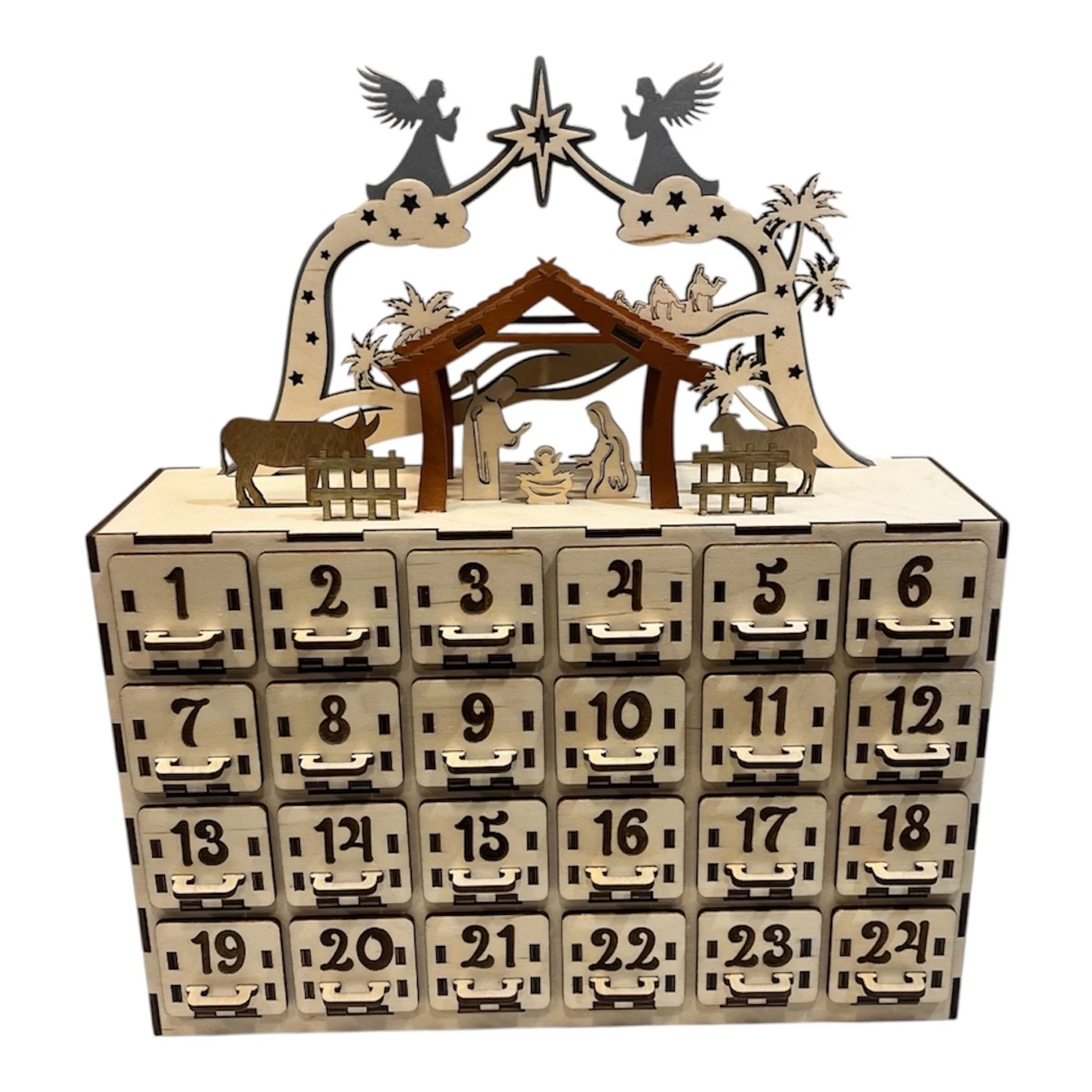 Angyalos Fa Adventi Kalendárium Betlehemes Díszítéssel – 24 Fiókos