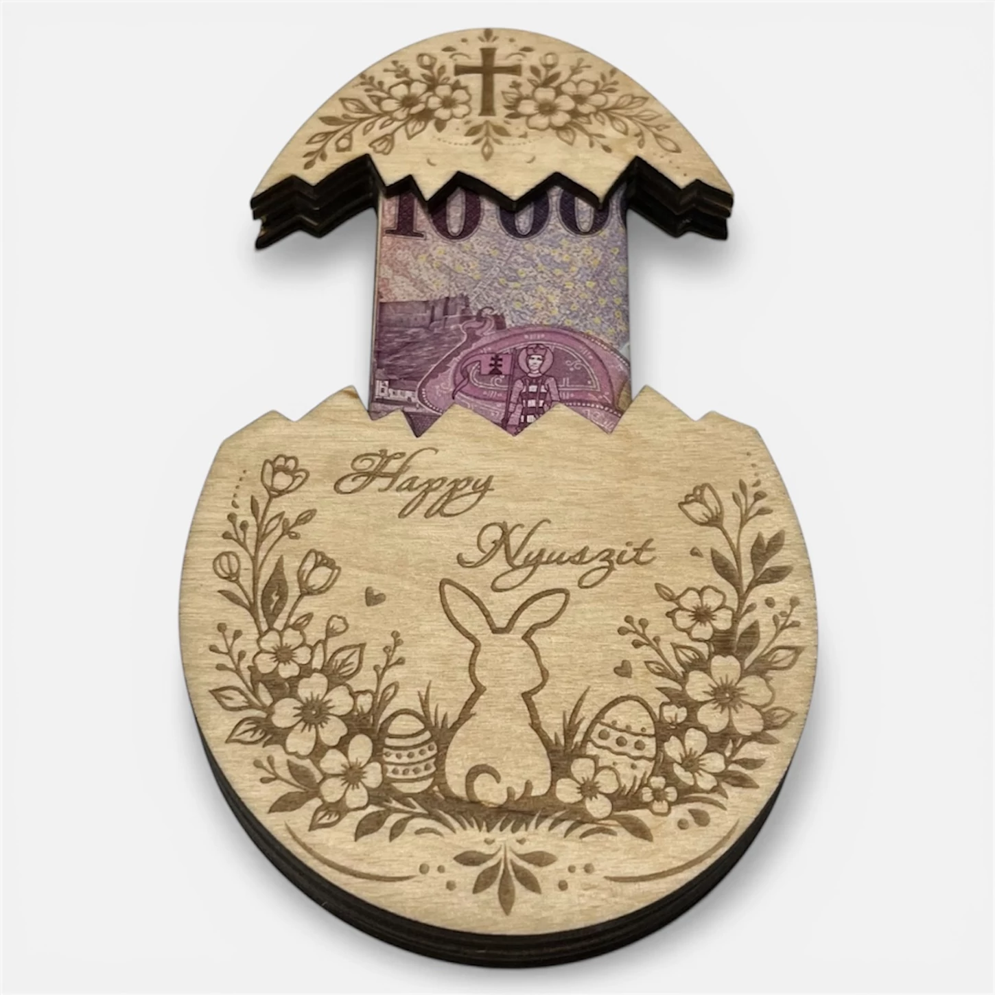 Húsvéti pénzátadó tojás – nyuszis virágos gravírozással