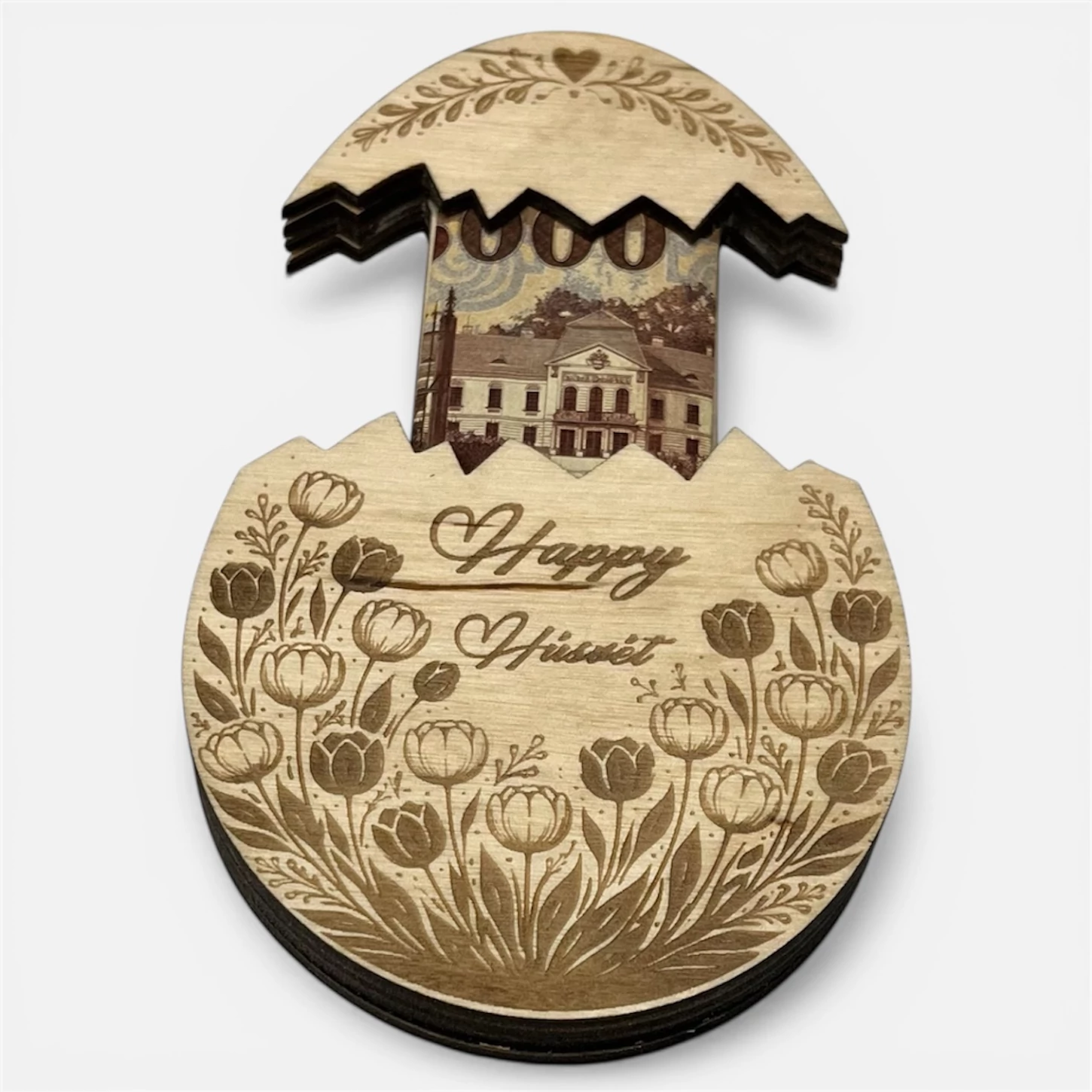 Húsvéti pénzátadó tojás – tulipános gravírozással