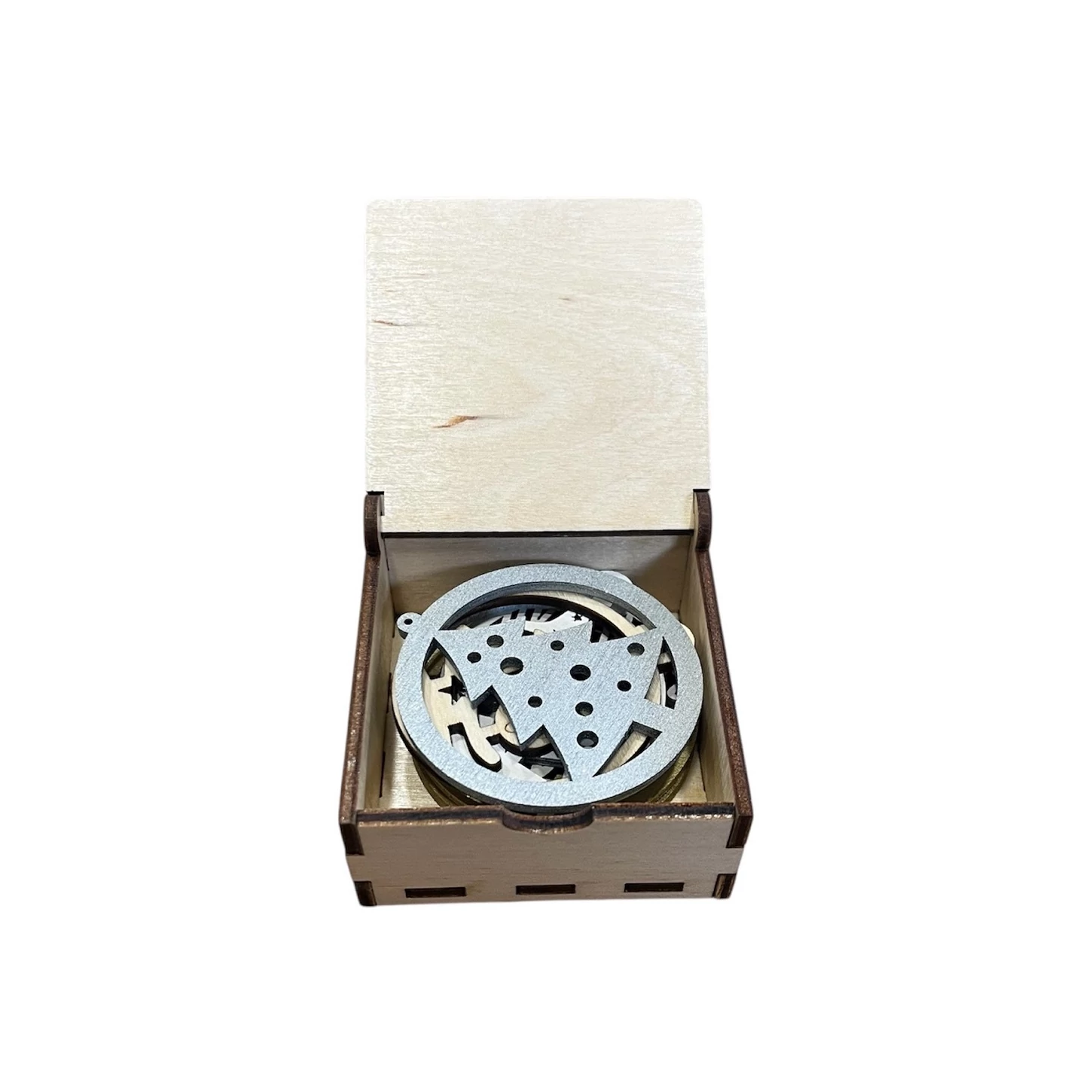 Mini karácsonyfadísz készlet díszdobozban – 6 db fa dísz