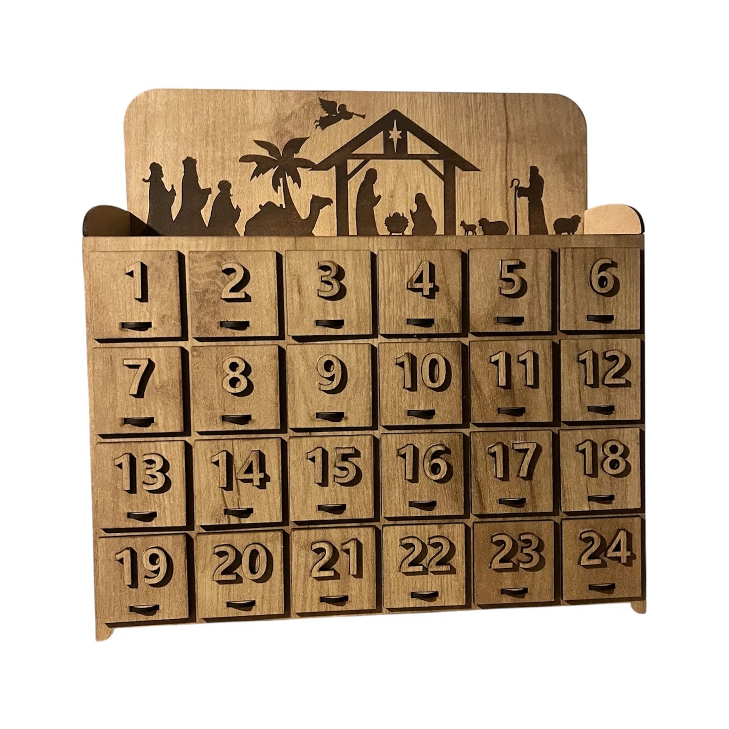 Fa adventi naptár – Betlehemes motívummal, tölgy színben