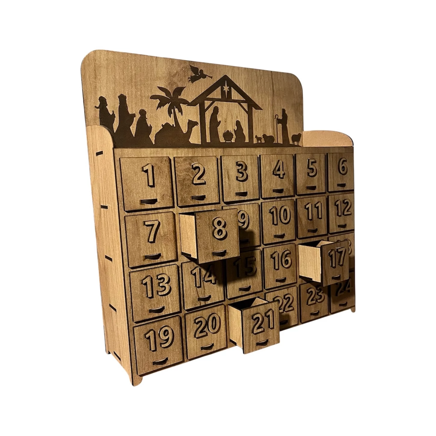Fa adventi naptár – Betlehemes motívummal, tölgy színben